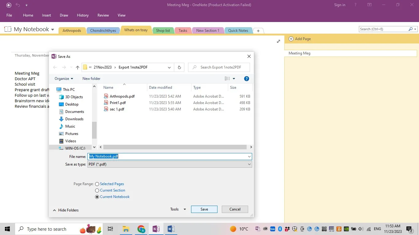 export OneNote to PDF exporting