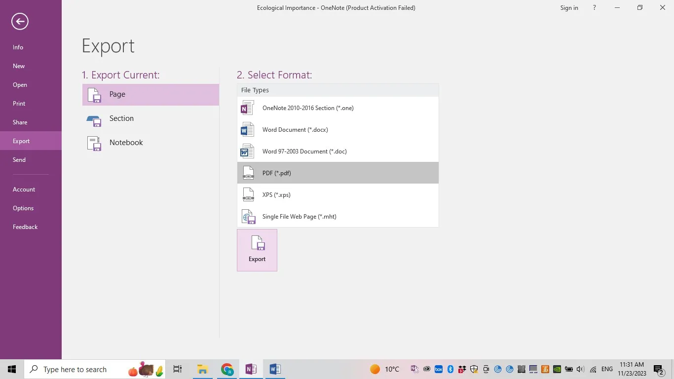 export OneNote to PDF exporting