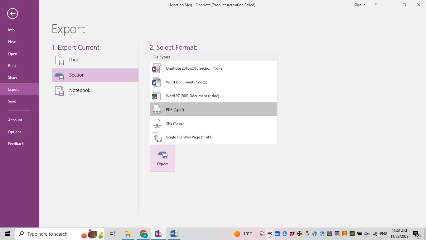 export OneNote to PDF exporting