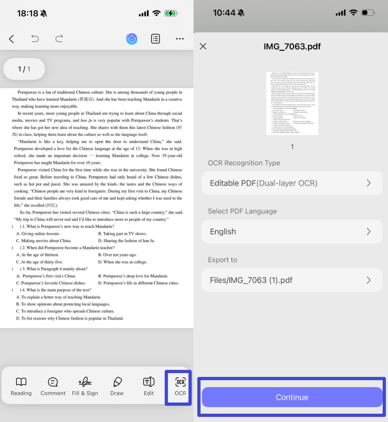  Click "OCR", adjust the settings as needed, then tap "Continue"