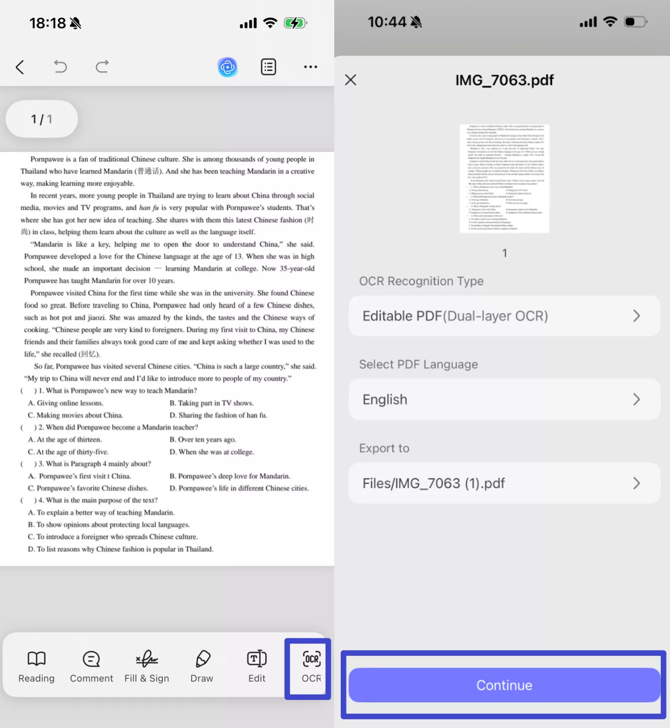 Click "OCR", adjust the settings as needed, then tap "Continue"