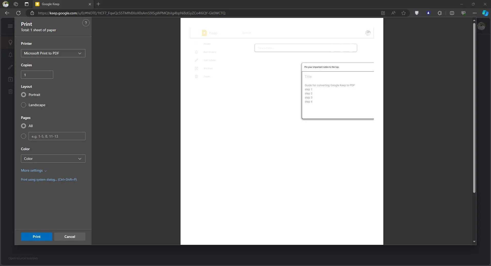 google keep to pdf print