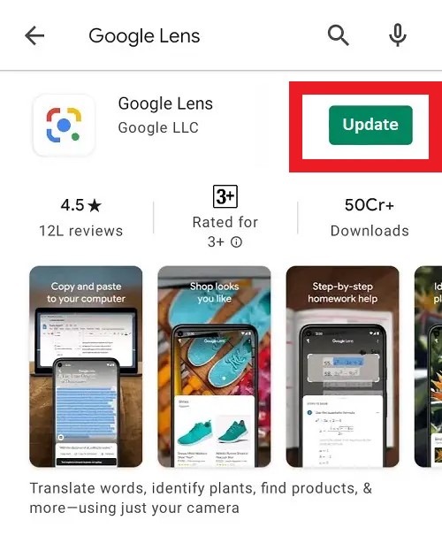 Google Lens funktioniert nicht Update-Icon