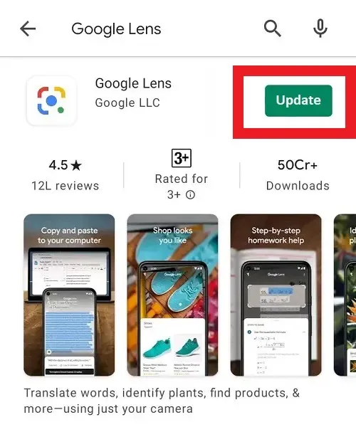 ícone de atualização do Google Lens não está funcionando