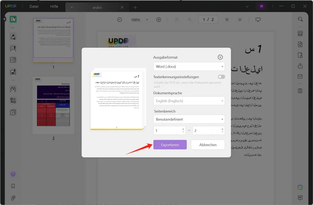 Arabisches PDF in word eportieren UPDF