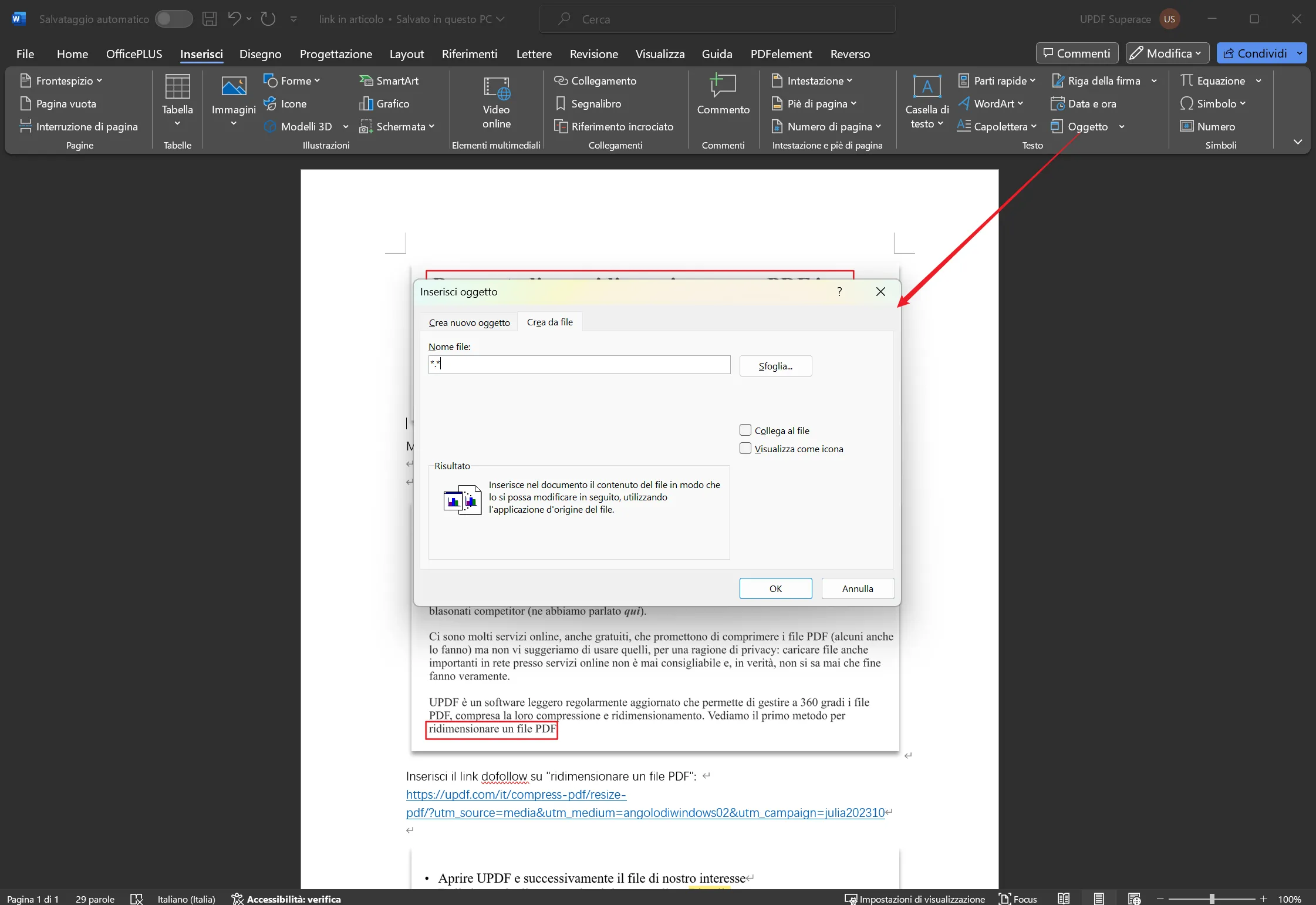 Inserire PDF in Word come oggetto