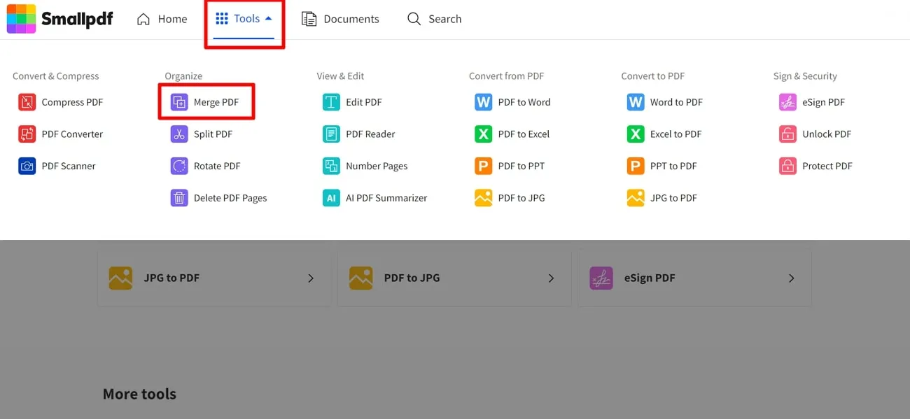 insert pdf page online tap on merge pdf tool