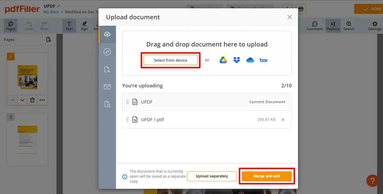 insert pdf page online press merge and edit button