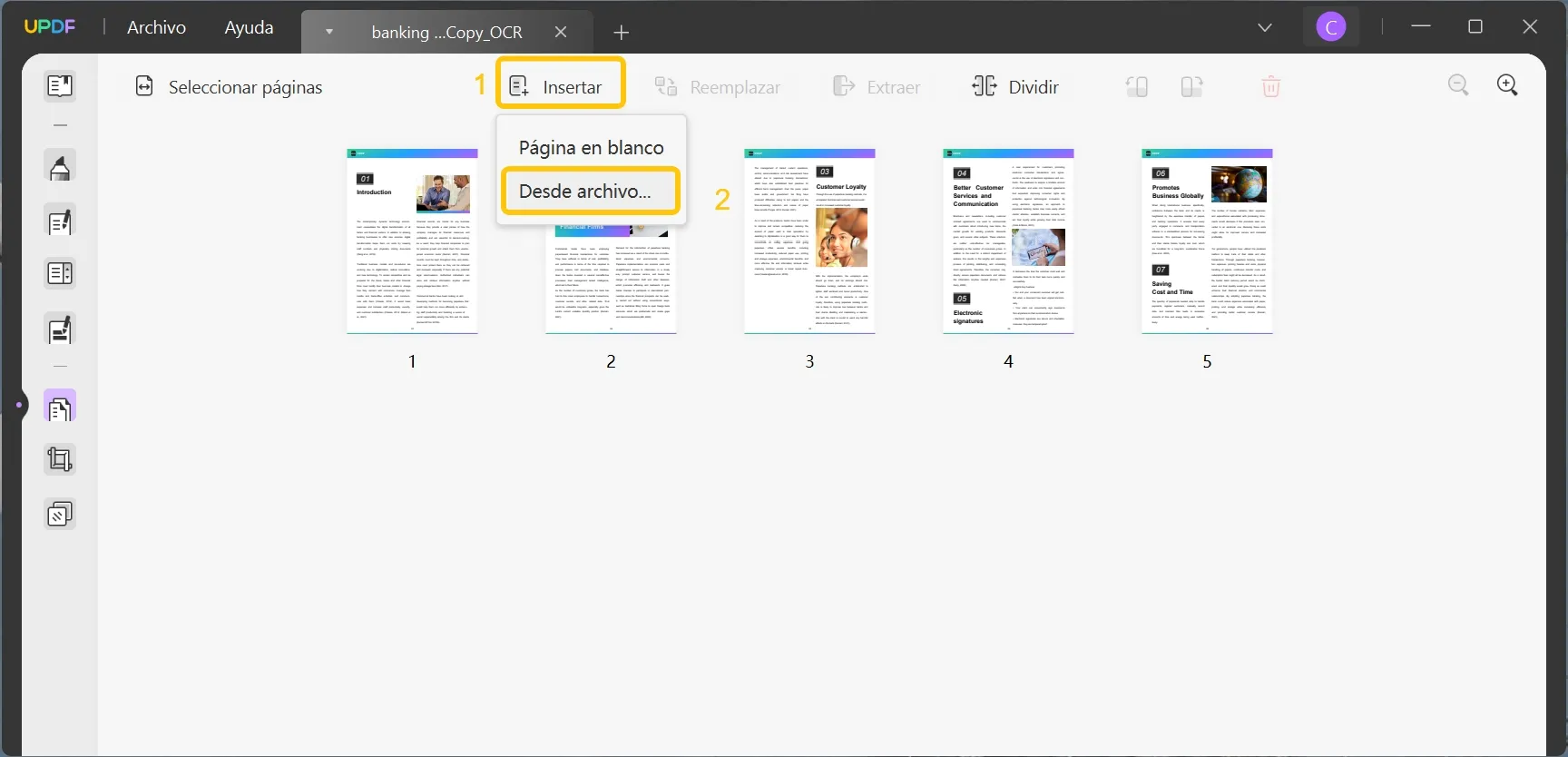 insertar página con updf y reorganizar páginas en pdf