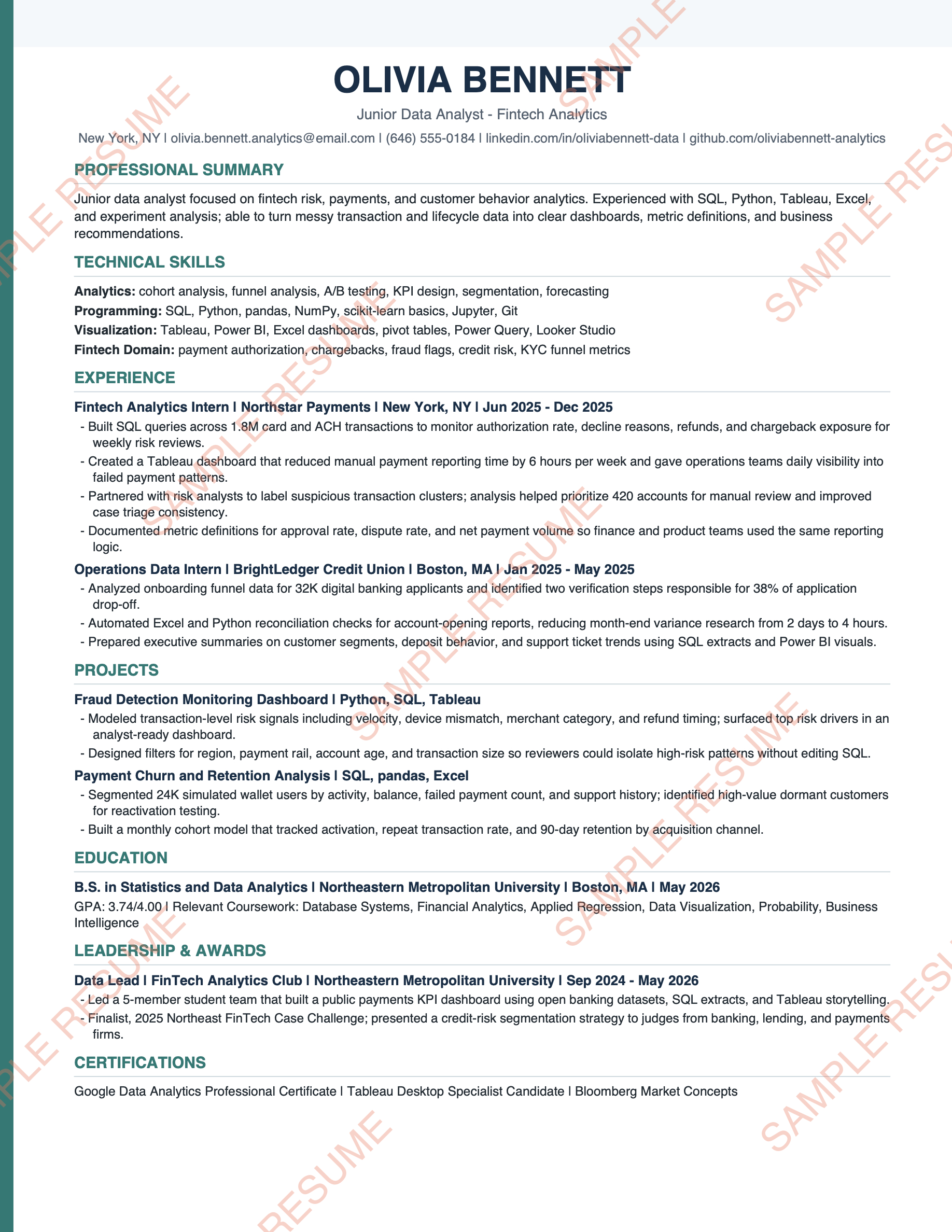 junior data analyst fintech sample resume