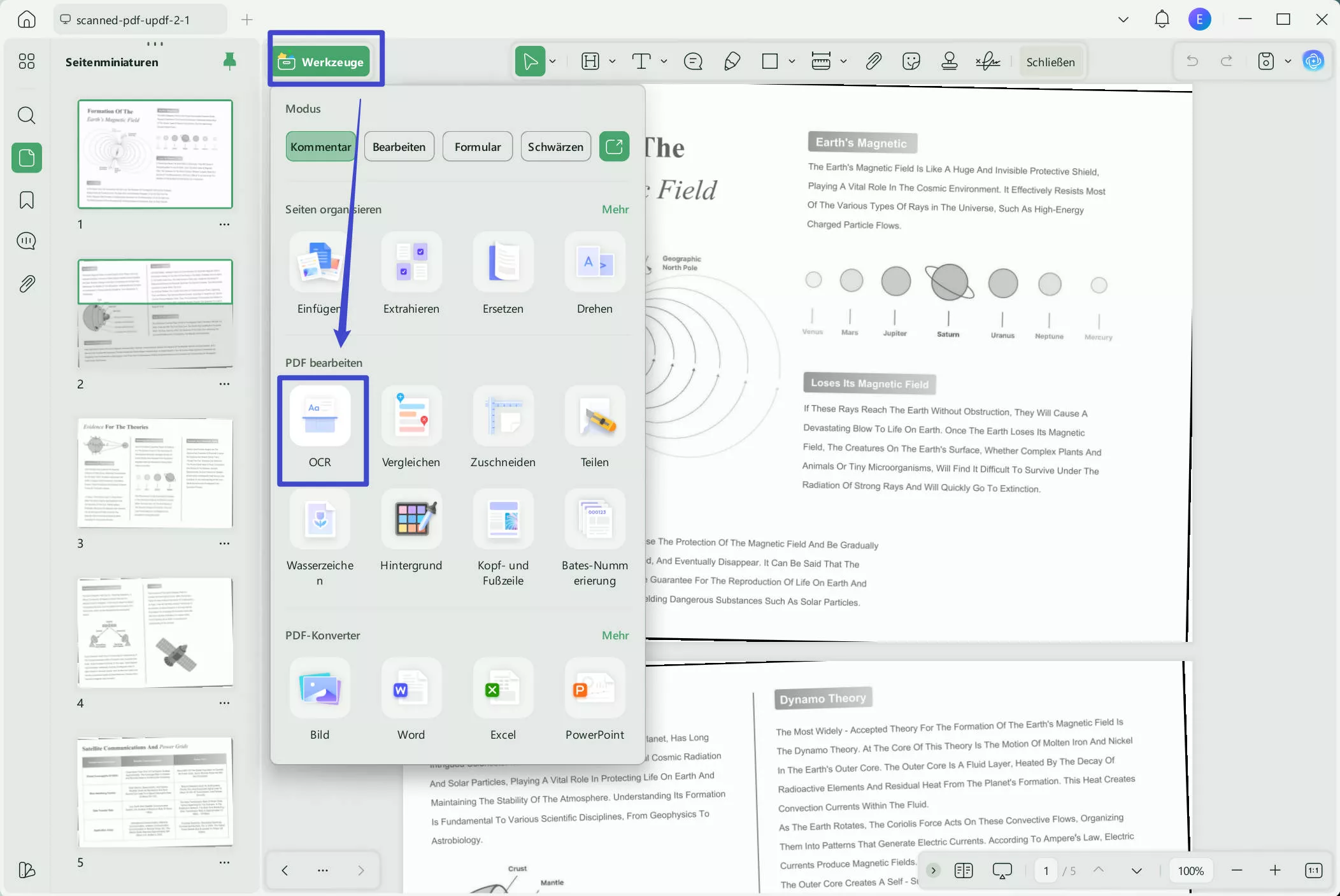 Klicken Sie im Menü auf der rechten Seite mit UPDF auf OCR.