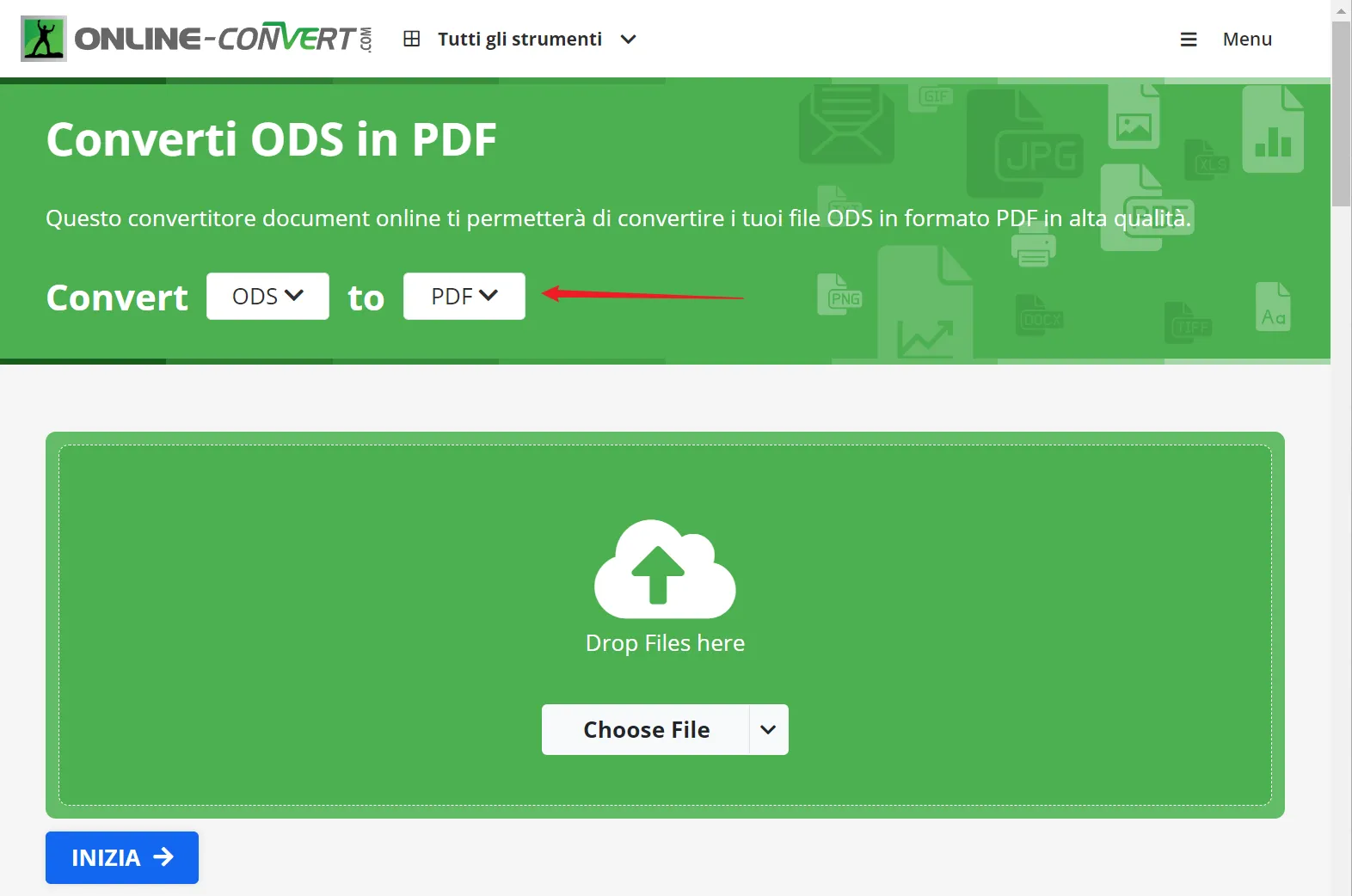 Converti file ODS in PDF con Online Converter