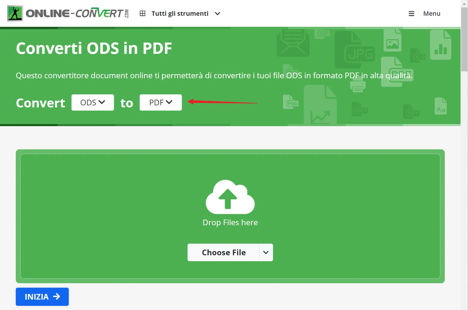 Converti file ODS in PDF con Online-Convert