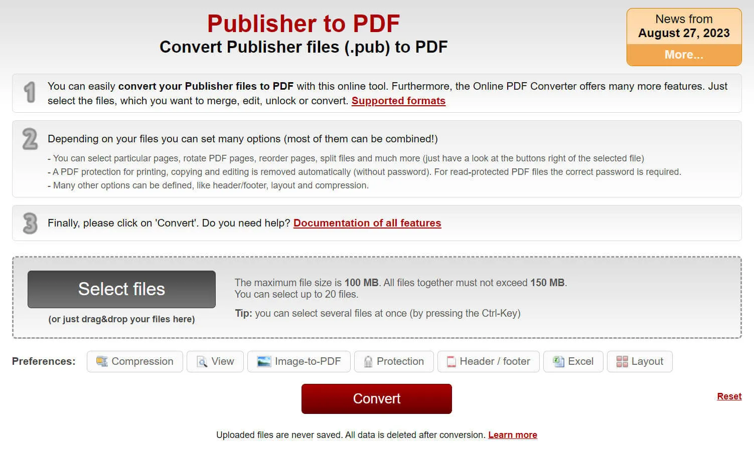 Online2PDF convertire Publisher in PDF online