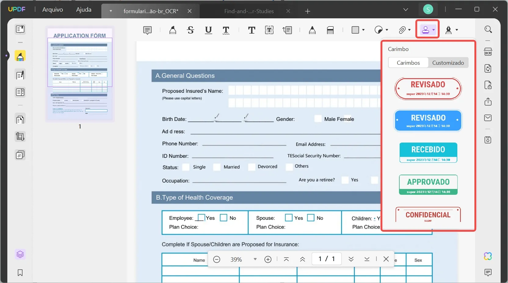 como adicionar um carimbo a um pdf com o updf