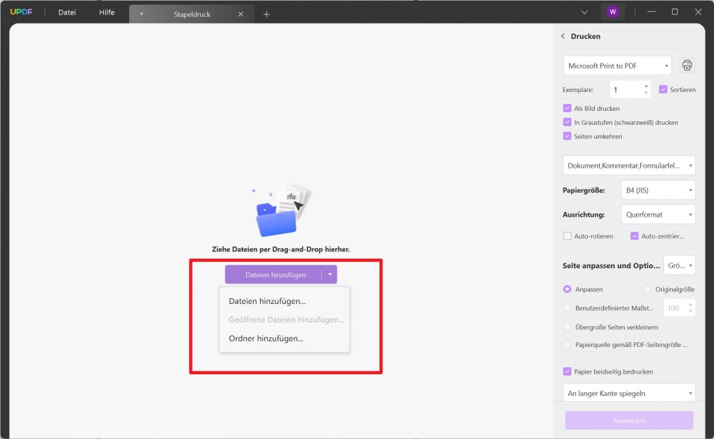 PDF batch drucken Einstellungen