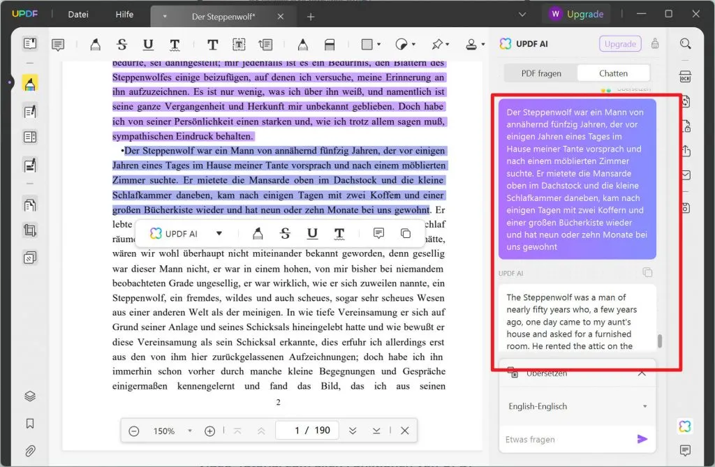 Inhalt aus Ihrem PDF kopieren und in das Textfeld des Chat-Modus einfügen