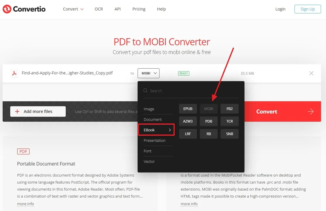 Da MOBI a PDF in Convertio