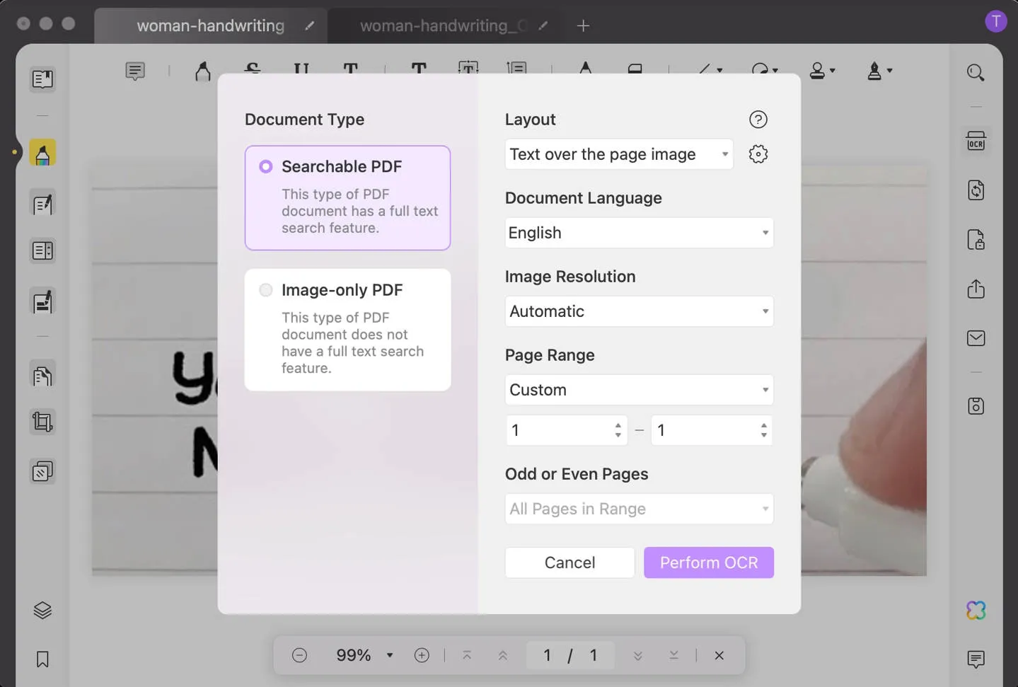 handwriting to text ocr layout settings