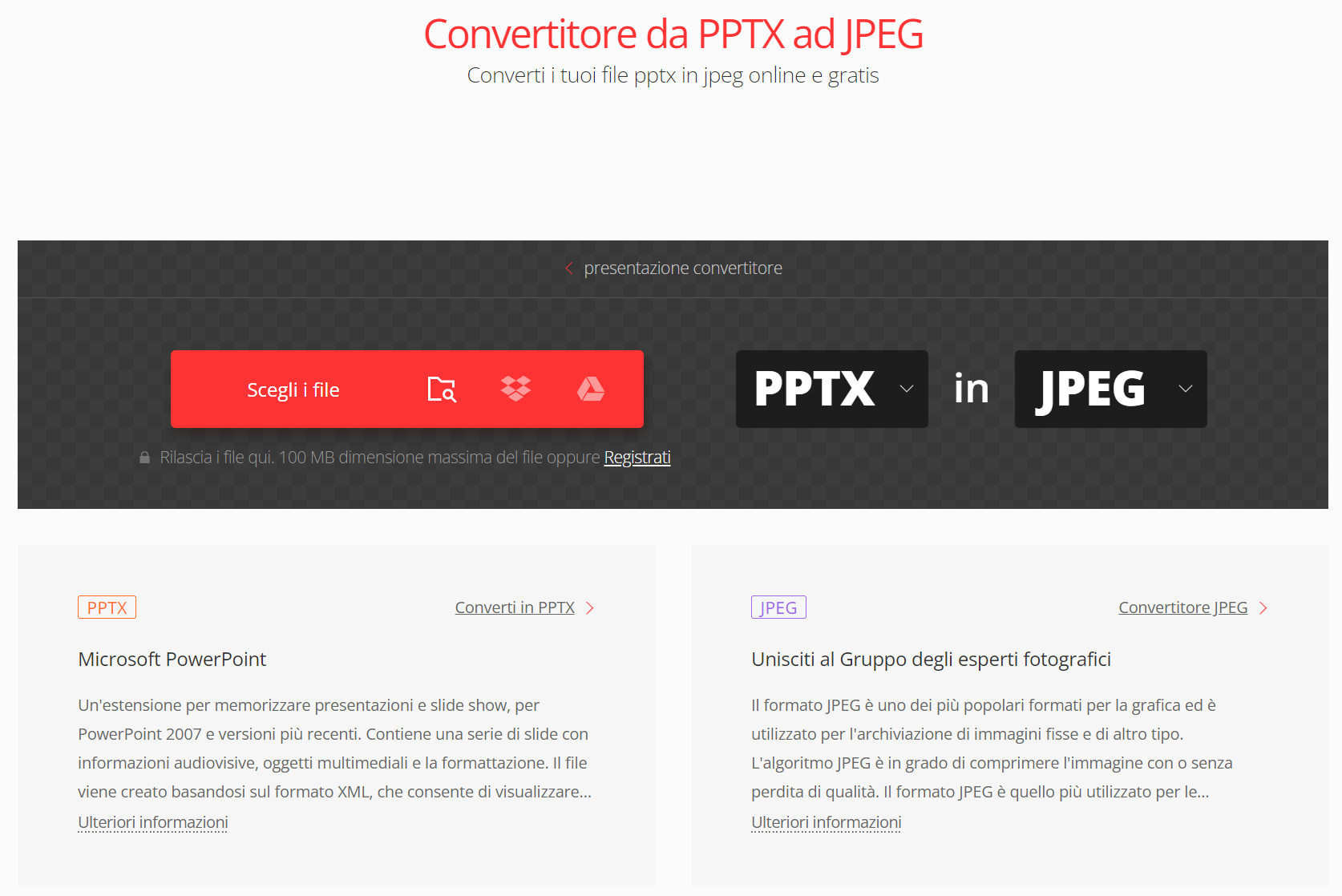 Convertire PPT in JPG tramite Convertio