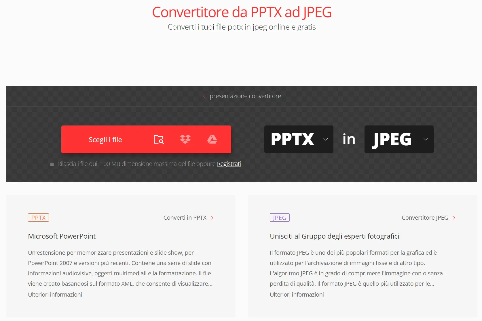 Convertire PPT in JPG tramite Convertio