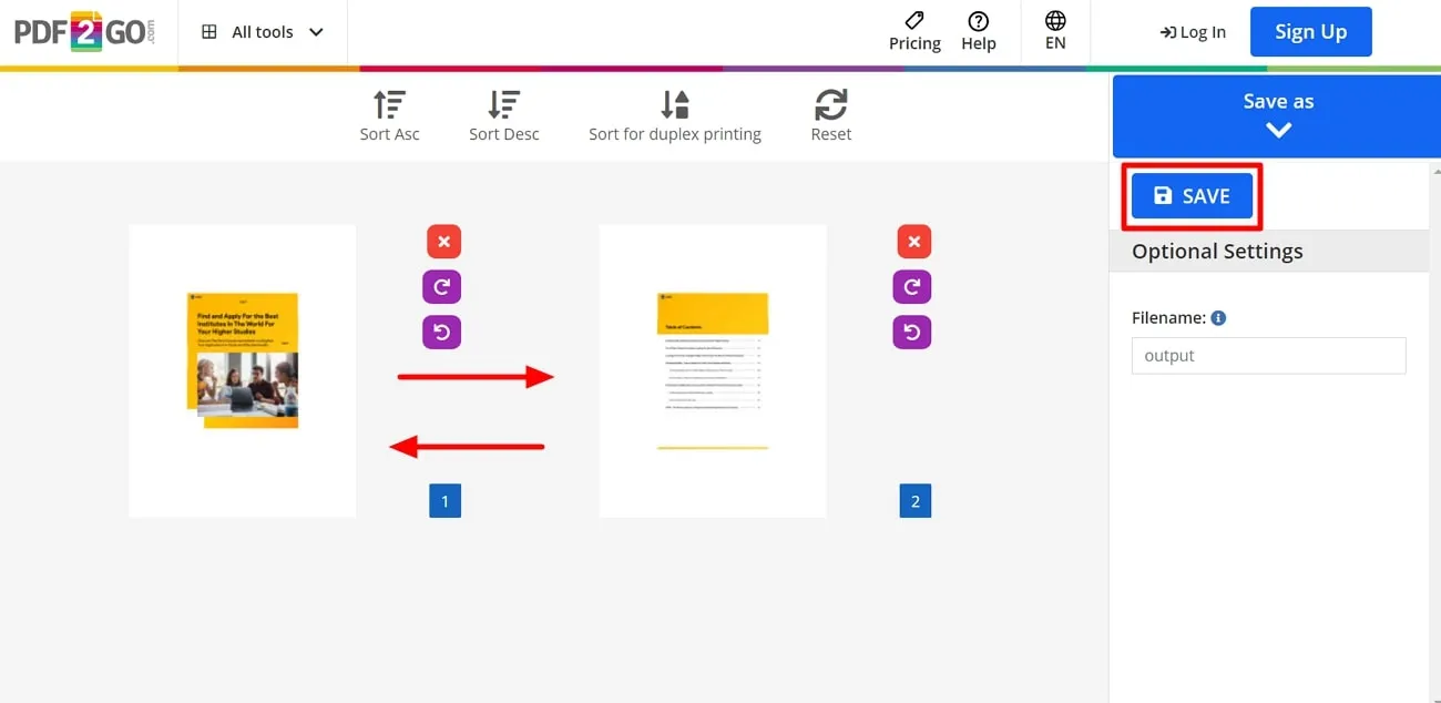 rearrange pdf pages online press the save button