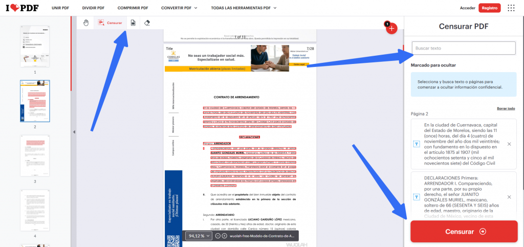 Censurar un PDF online con iLovePDF