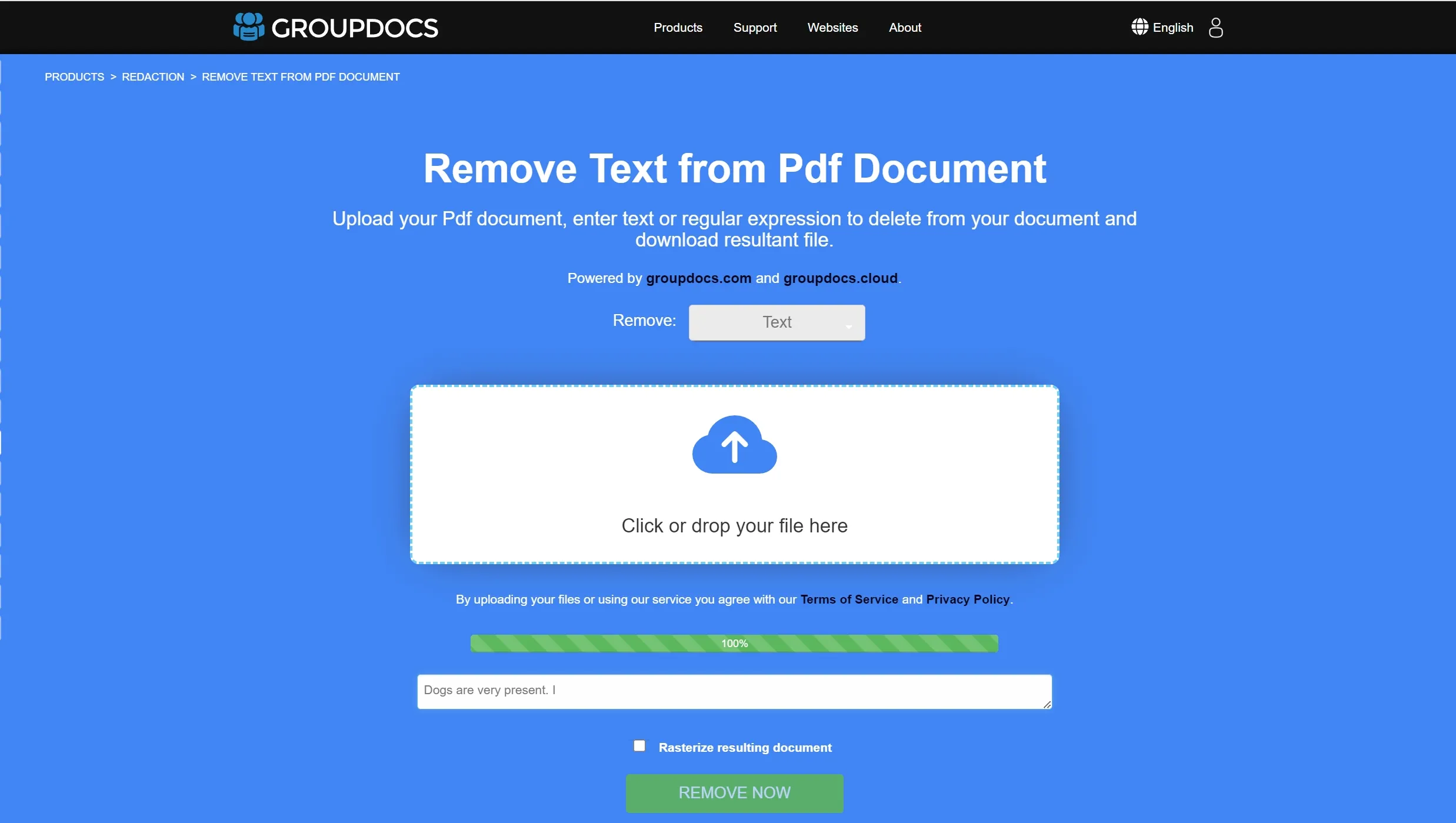 rimuovere testo da PDF online con GROUPDOCS