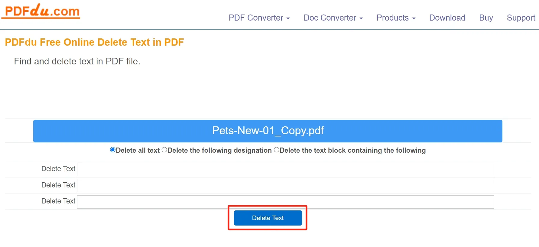 rimuovere testo da PDF online con PDFdu