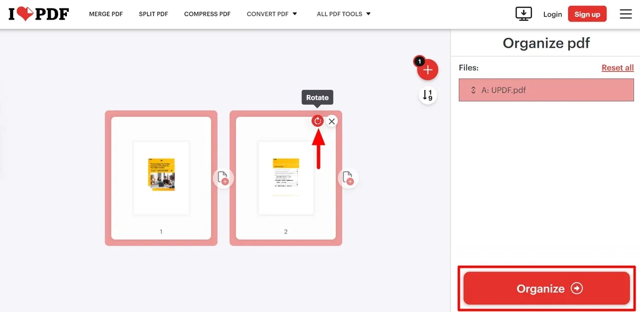 rotate pdf online tap the organize button
