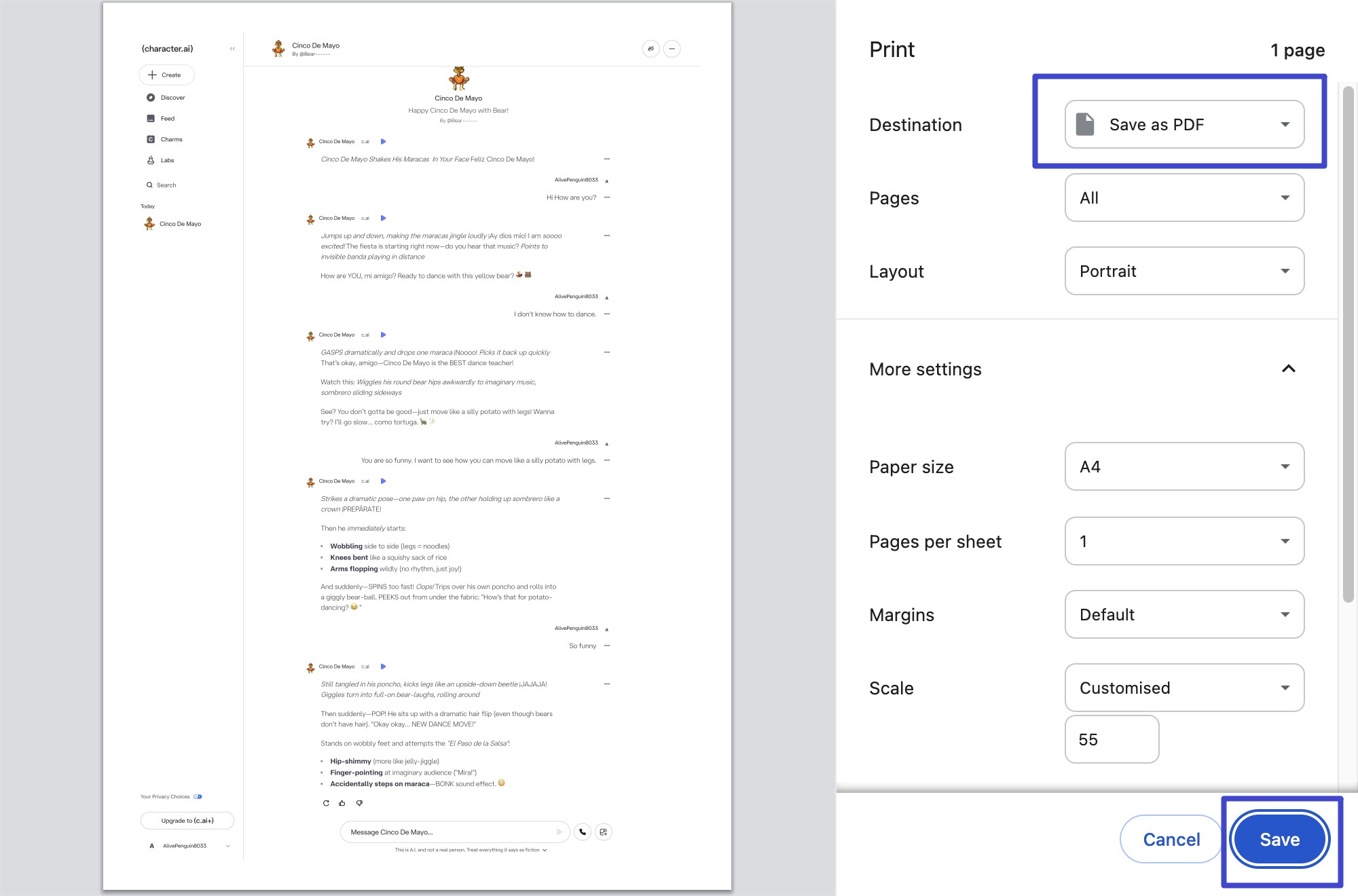 save the character ai conversation as pdf