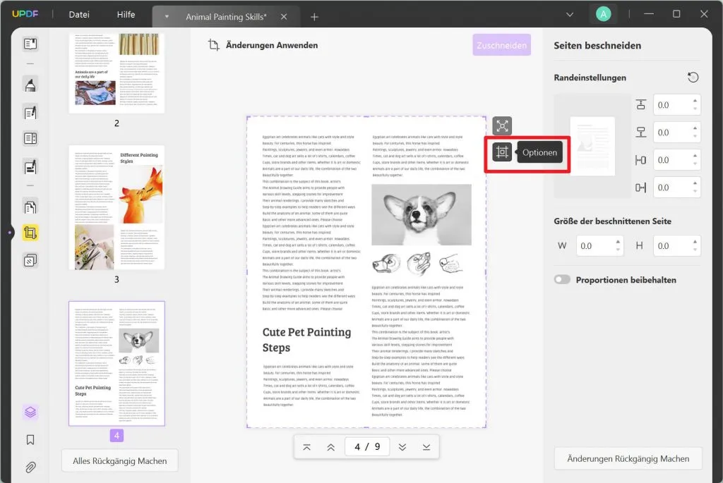 Seiten zuschneiden Optionen