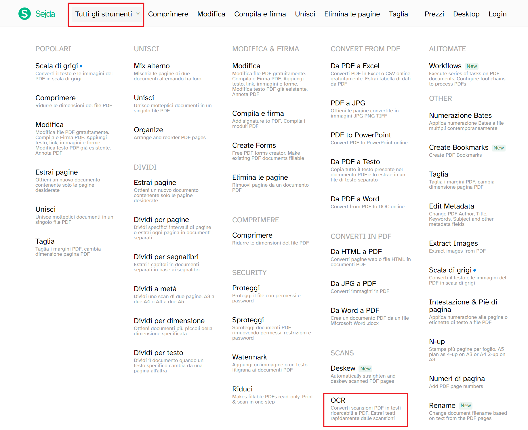 Clicca su OCR dalla home page di Sejda