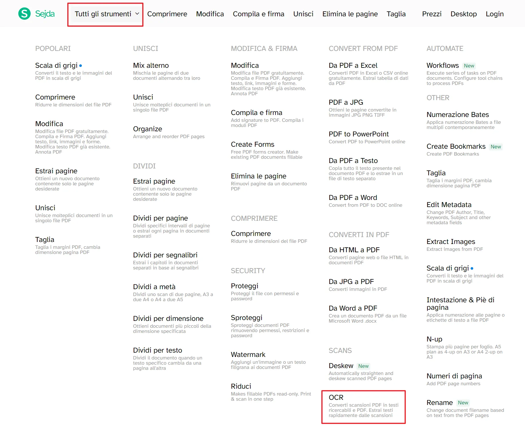 Clicca su OCR dalla home page di Sejda