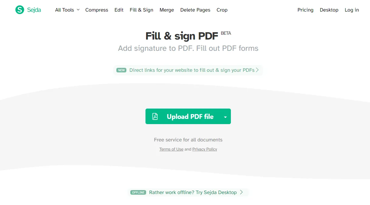 Sejda PDF filler online user interface