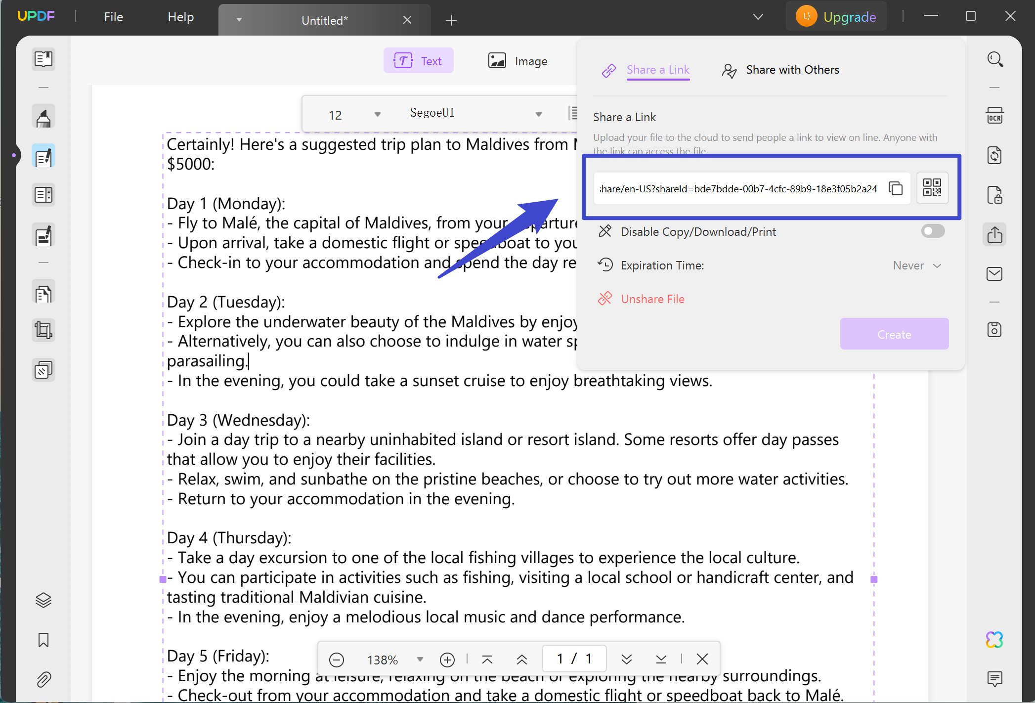 trip planner ai share via link