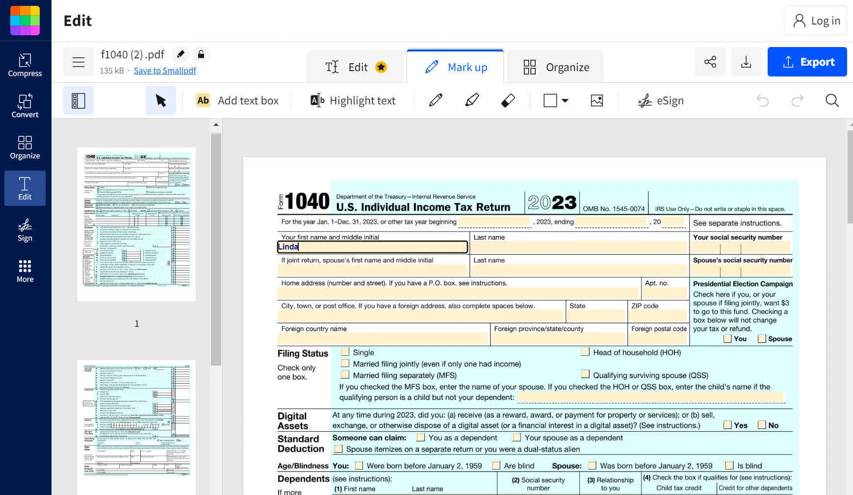 smallpdf PDF filler オンラインユーザーインタフェース