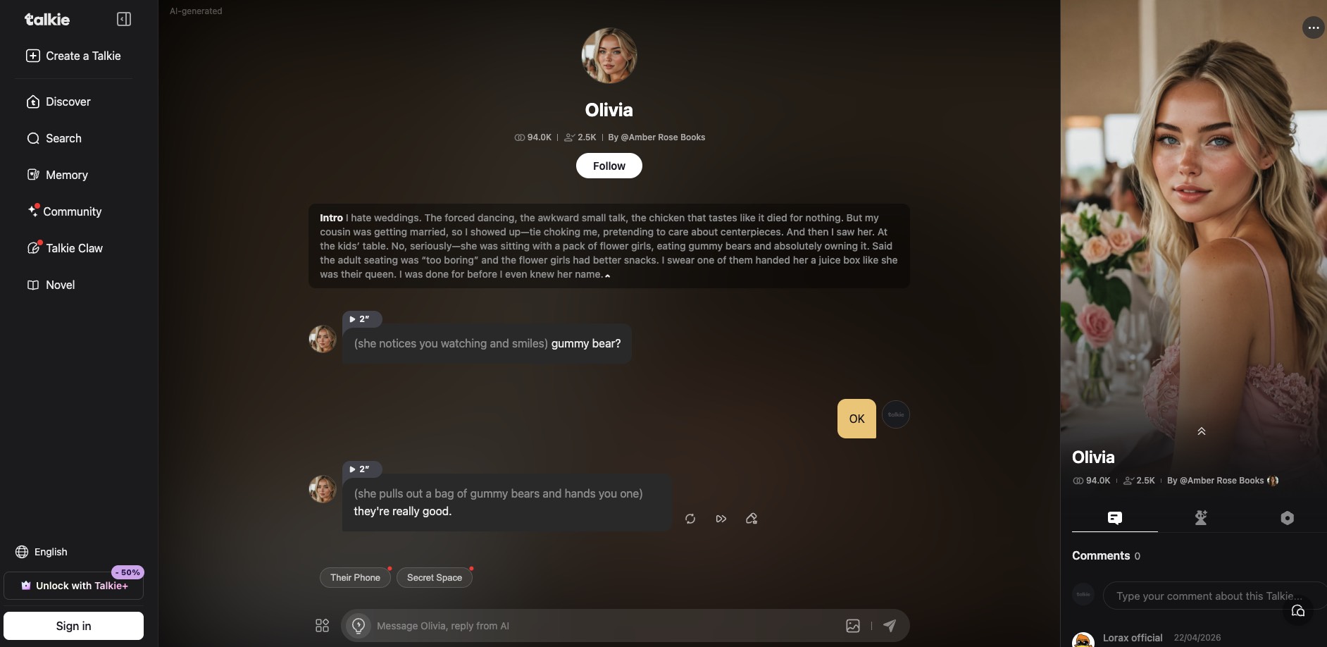 talk to talkie ai character