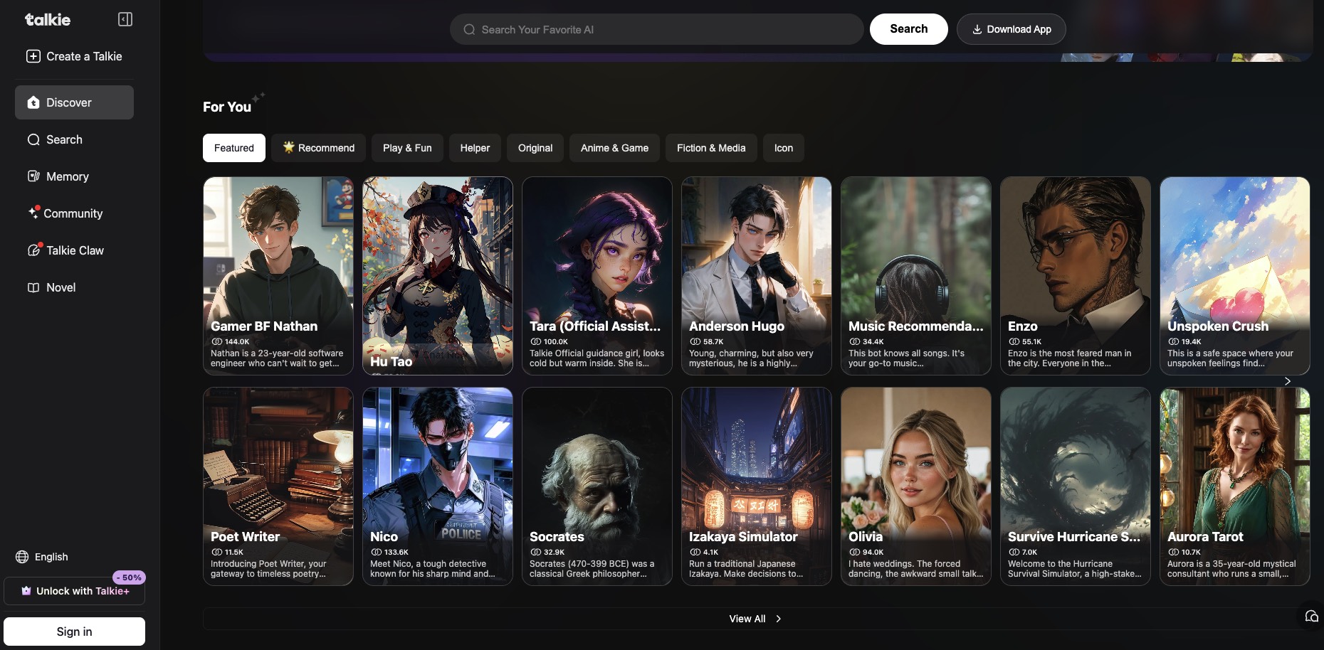 talkie ai interface