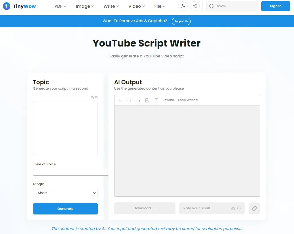 youtube script writer tinywow