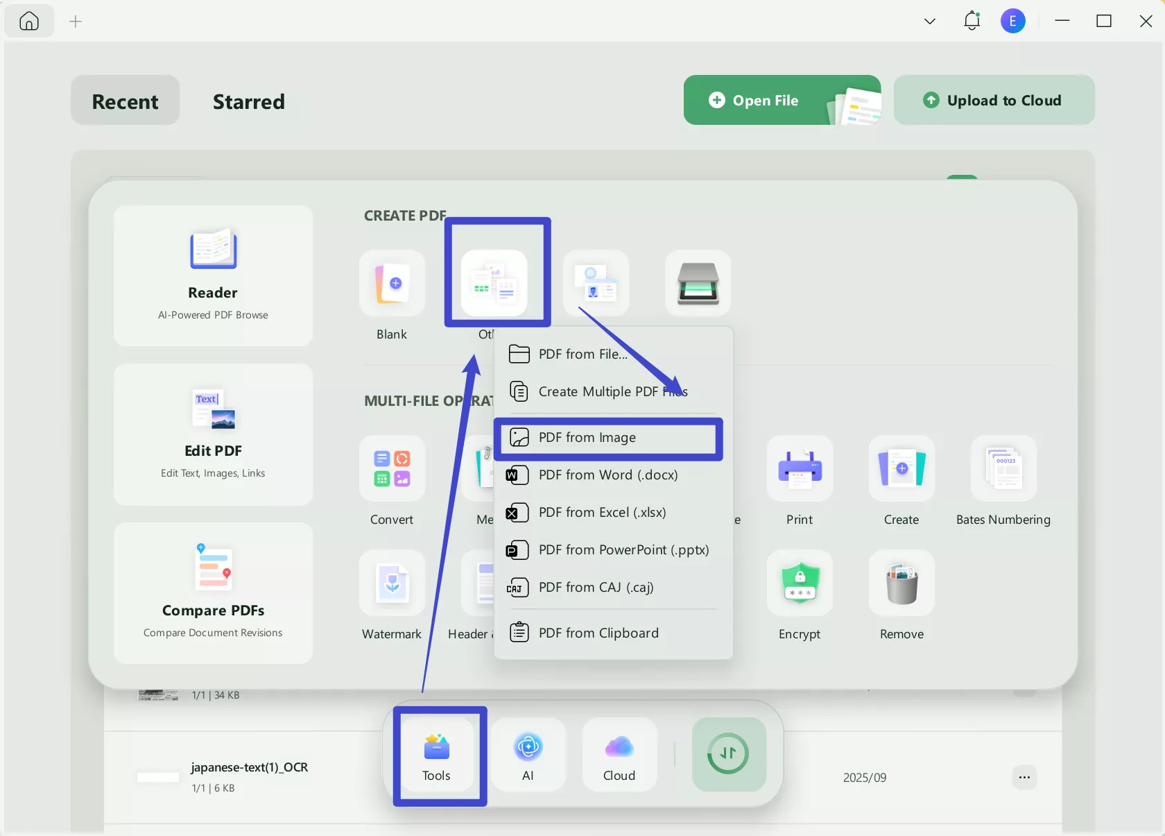 Go to Tools > Create > PDF from Image to upload the image for translation.