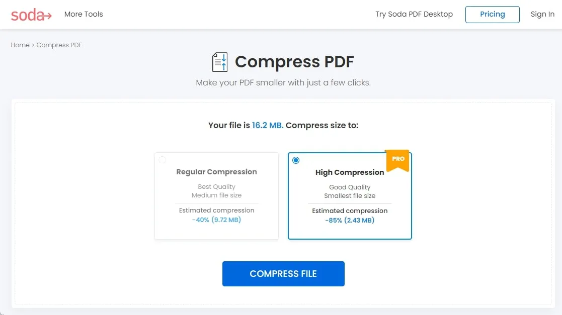 Soda PDF ridurre le dimensioni dei file PDF online