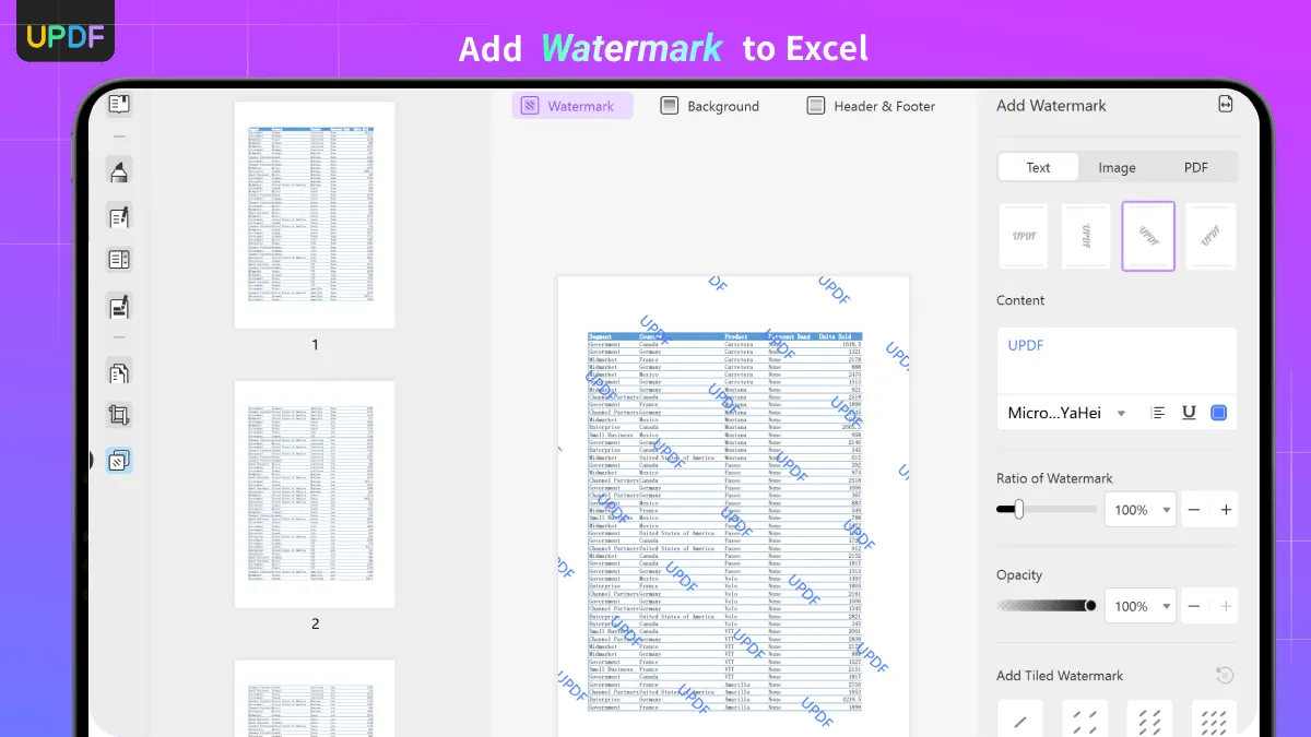 Add watermarks to Excel with UPDF