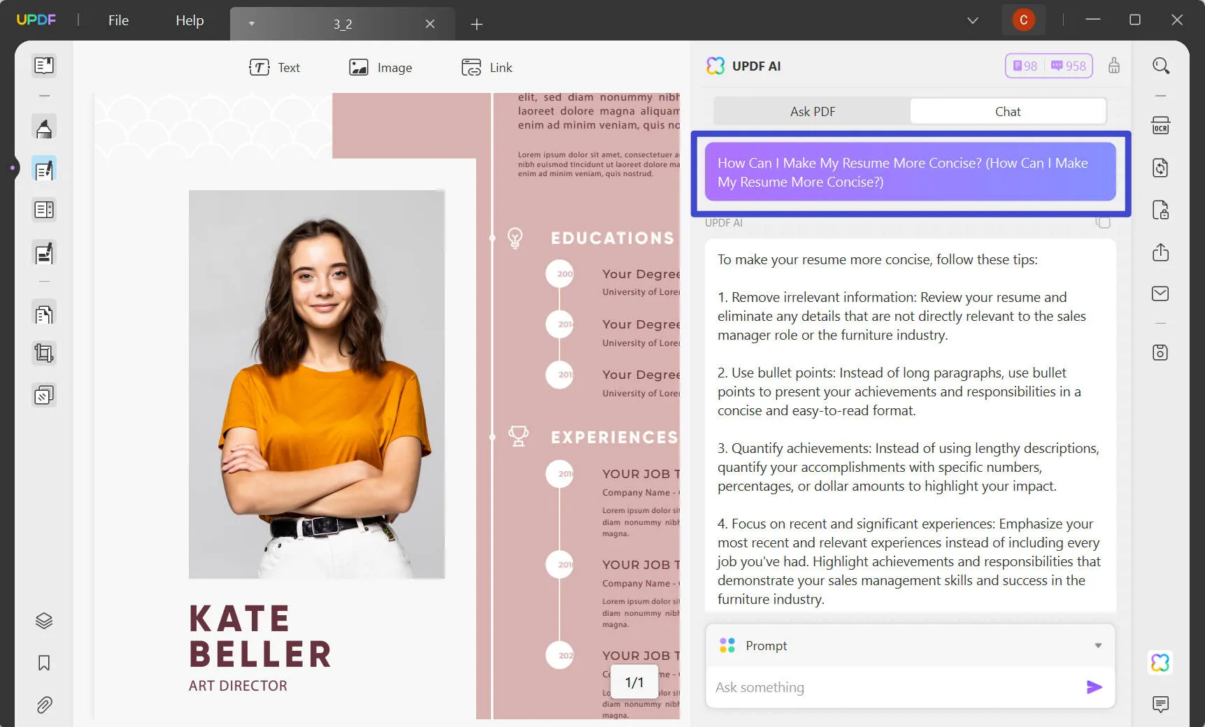 ai resume builder updf chat mode