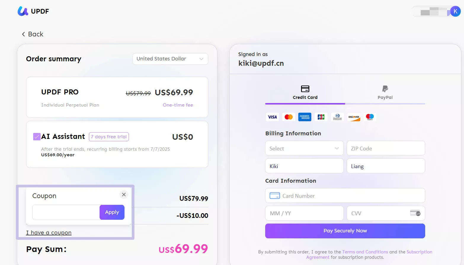 use coupon code in the UPDF price page