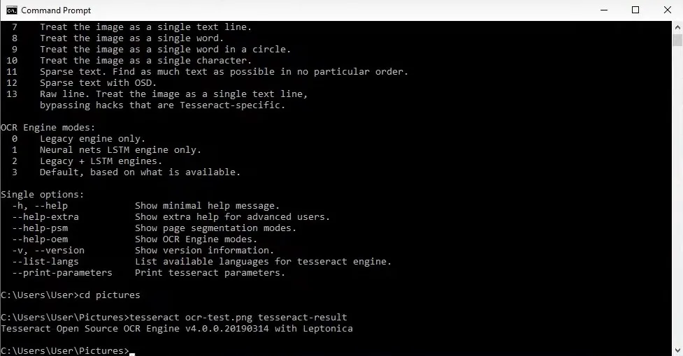 tesseract ocr comandos