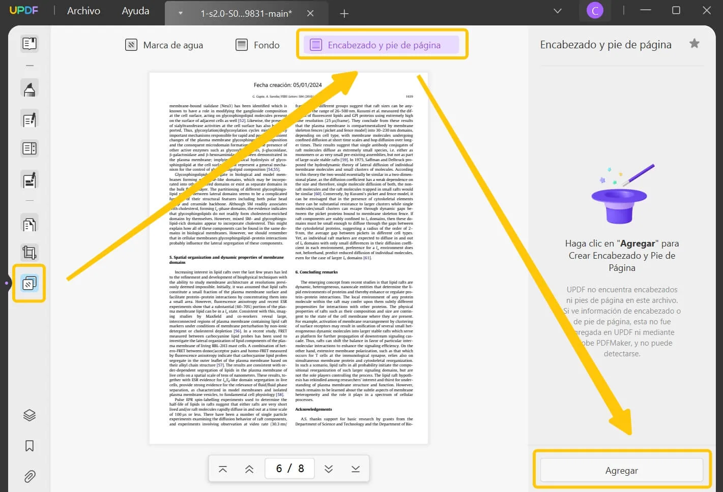 cambiar la fecha de creación del pdf mediante pie de página y encabezado updf