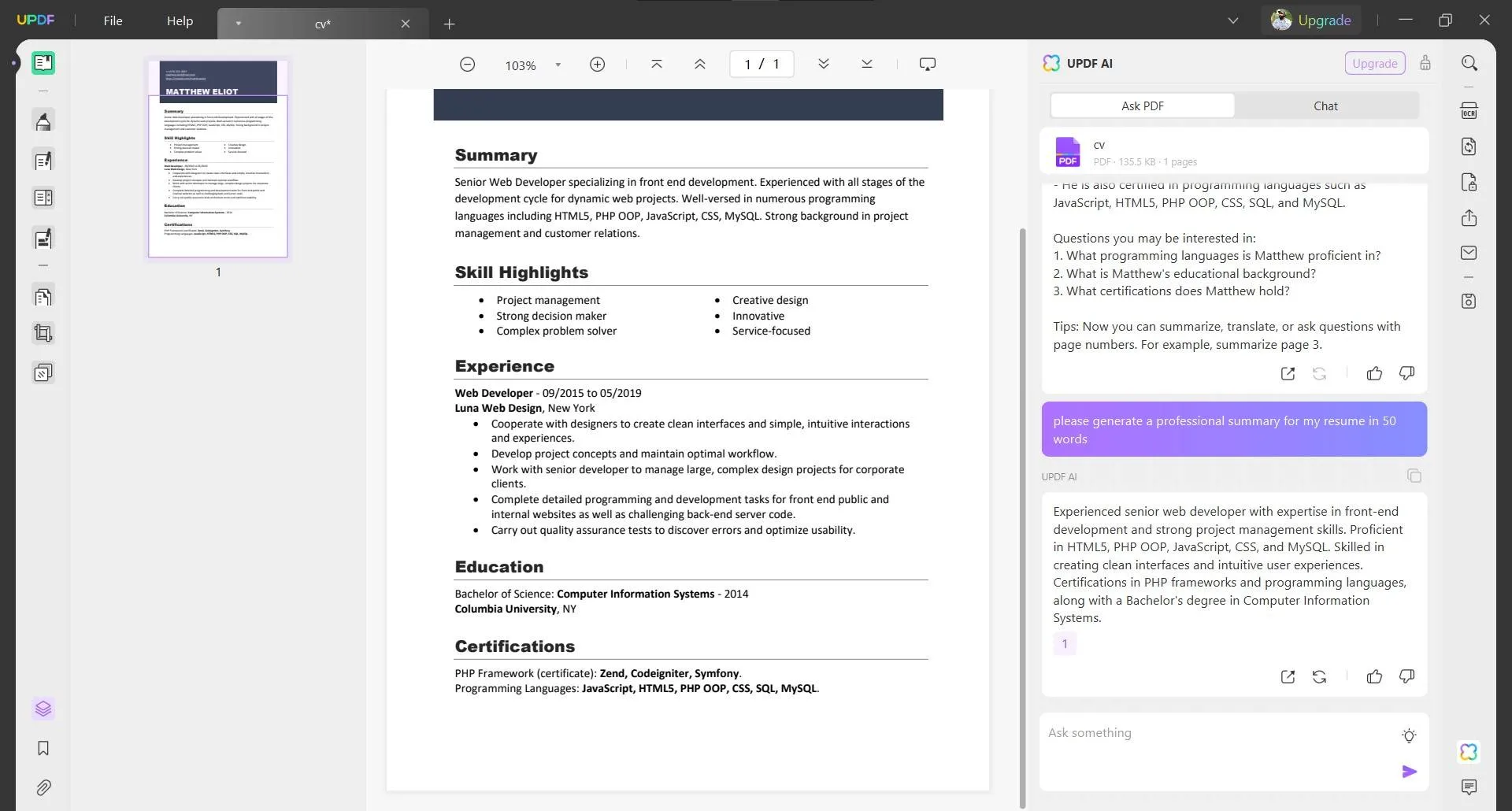 resume summary generator updf ai
