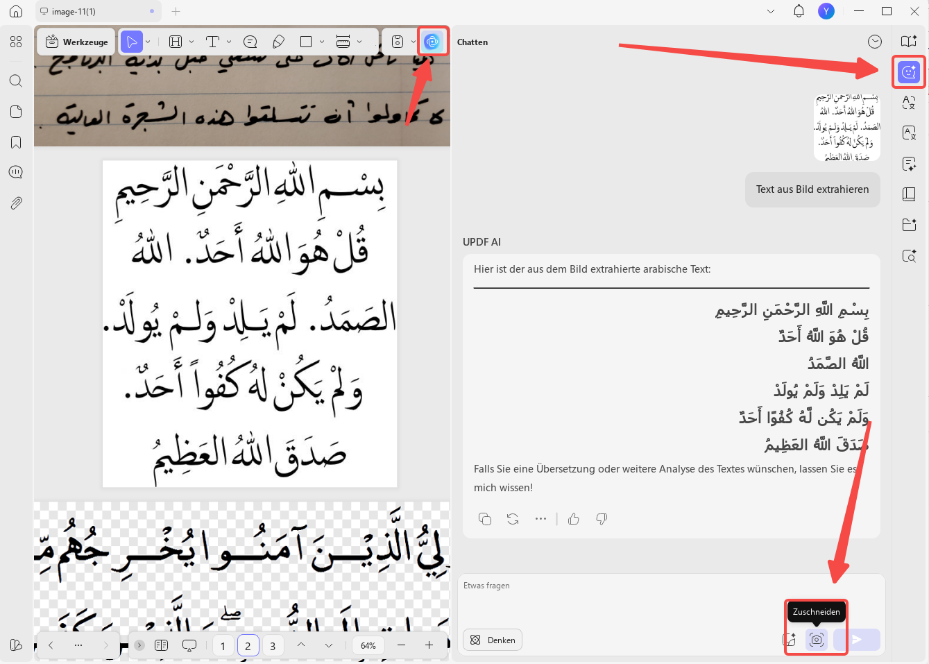 Screenshot zur Extraktion von arabischem Text aus einem Bild mit UPDF AI