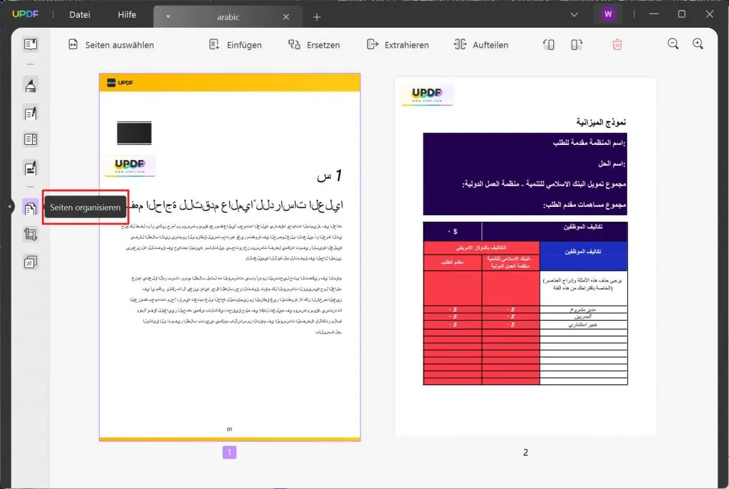 Arabische PDF Seiten organisieren